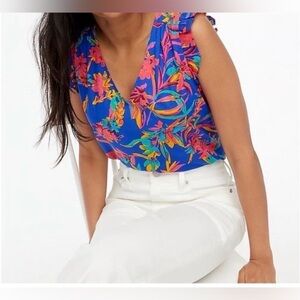 J. Crew Bright Blue Tropical Floral V-Neck Top